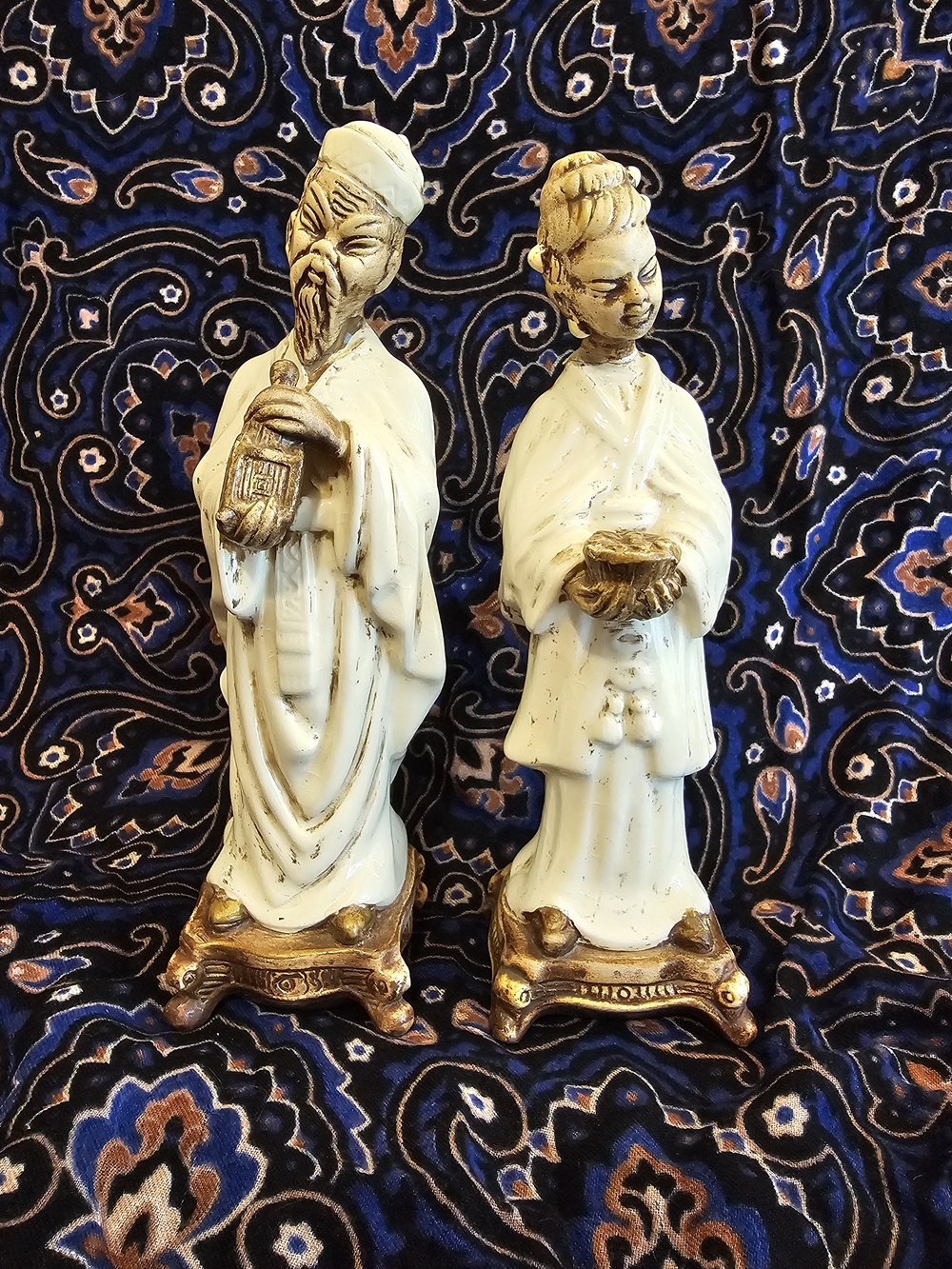 Vintage Mid-Century Chinoiserie Ceramic Figurines Pair - Asian Scholar & Lady